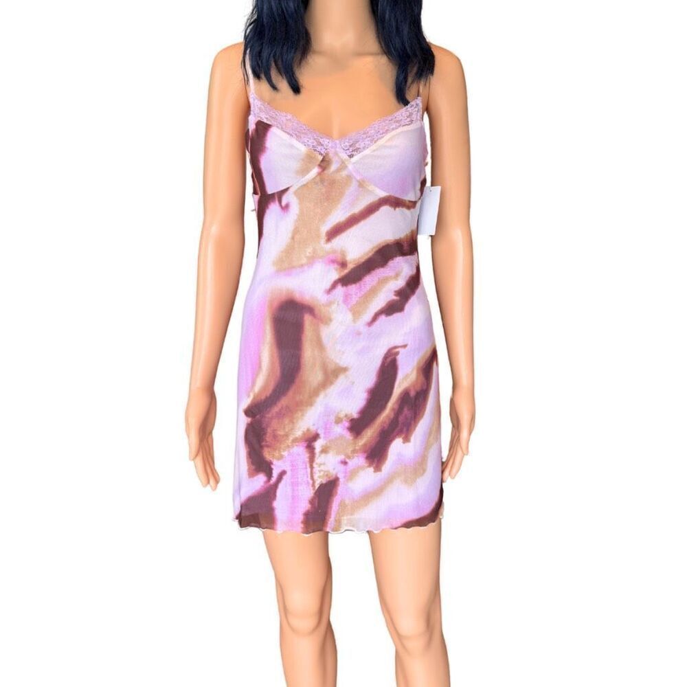 SOLD Pink Marble Slip Dress Medium Mesh Lace Trim Mini Y2K Coquette Summer - Picture 2 of 6